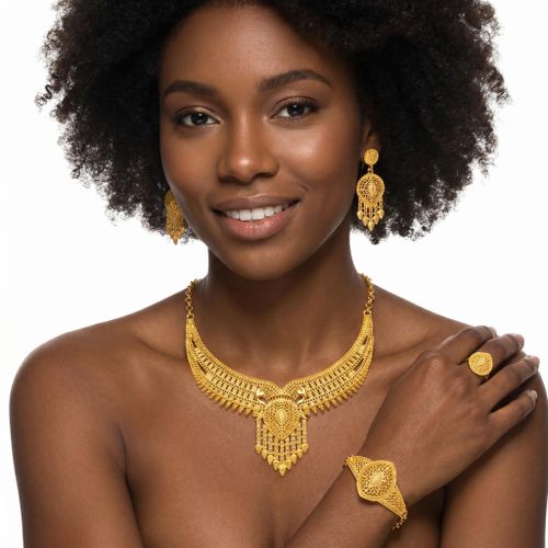 Ensemble de Bijoux Collier Boucles d'Oreilles Bague Bracelet pour Femmes, Cadeau de Vacances - Or, Alliage
