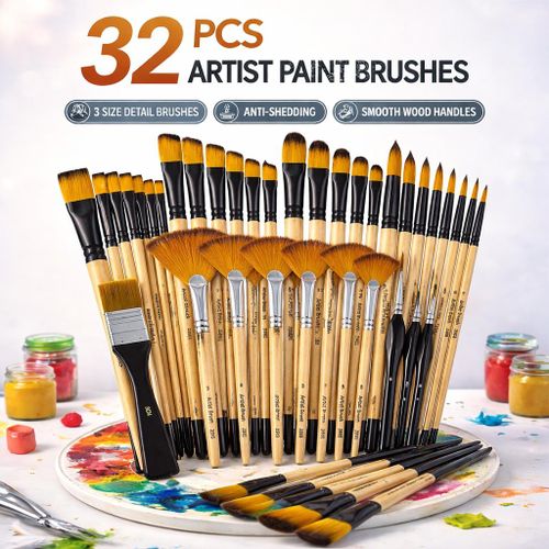 Ce set de 32 pinceaux acryliques est doté de poils en nylon de haute qualité et comprend différents types de pinceaux tels que des pinceaux ronds, noisette, plats, éventail, biseautés et fins, adaptés aux peintures acryliques, à l'huile et à l'aquarelle.