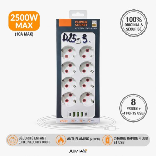 Power Socket - Rallonge Multiprise 8 Prises UE Schuko + 4 Ports USB (D25-3) - Bloc Multi-Prises Anti-Statique 2500W Avec Interrupteur Général