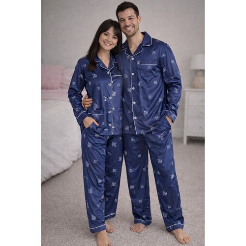 Ensemble Pyjama Couple coton Bleu – Chemise Manches Longues + Pantalon Confortable(Homme-Femme)