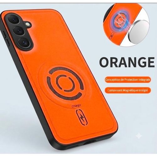 Coque Luxeuse pour Samsung A56, Style Magnetique-FinitionTexturé-Tecnologie magSafe integré charge sans fil (orange)