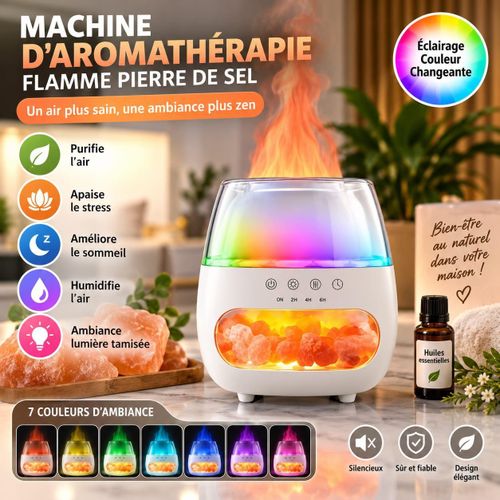 Diffuseur d’Huiles Essentielles Aromathérapie Effet Flamme – Humidificateur d’Air LED 7 Couleurs – Pierre de Sel