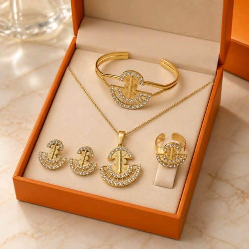 Ensemble Bijoux Femme- Chaîne , Boucles D'Oreilles , Bracelet et Bague - - Or Plaqué