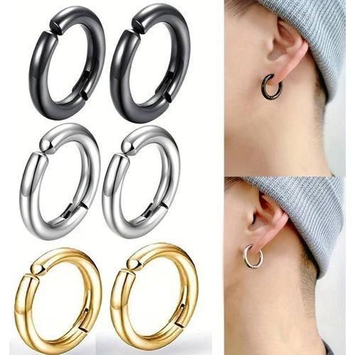 Lot de 3 paires de boucles d'oreilles créoles unisexes à clip, sans perçage - Acier inoxydable chirurgical, anti-ternissement, imperméables - Pour filles, garçons, hommes et femmes