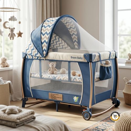 Lit Parapluie Évolutif Brave Baby Playpen – Double Niveau, Fonction Bascule, Module Musique & Vibration, Canopy Moustiquaire