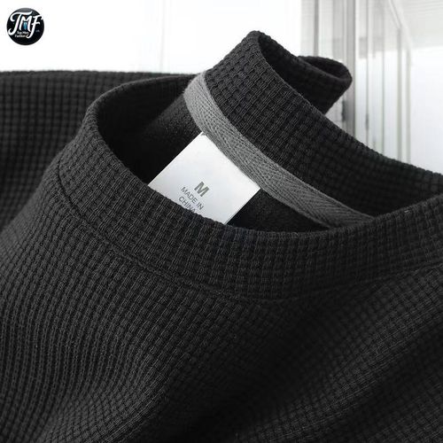 T-shirt à manches courtes TMF Waffle style japonais, col rond, demi-manches, haut ample décontracté de couleur unie - noir