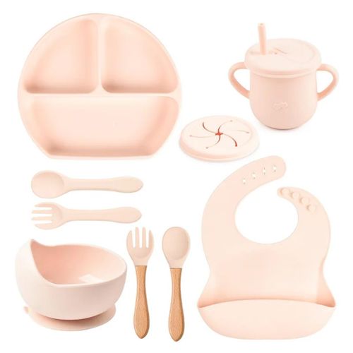 9 pièces Ensemble assiette pour la nourriture de bébé en silicone/kit de l'alimentation bébé 9pieces/coffret assiette bébé couleur rose