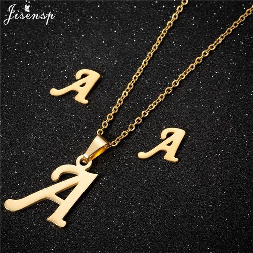 Ensemble chaine et boucles d'oreilles hommes et femmes pendentif lettre de l alphabet première lettre de l alphabet 45cm Doré, En Acier Inoxydable idéal cadeau de saint valentin pour vos femme et mari