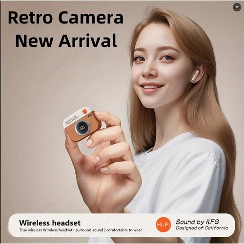 Retro Camera Bluetooth Earphones-brown