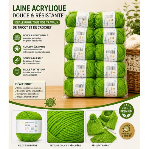 Lot de 10 Pelotes de Laine Acrylique pour Tricot et Crochet – Vert