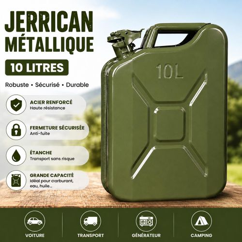 Jerrican Métallique 10 Litres – Réservoir de Carburant en Acier Renforcé – Vert