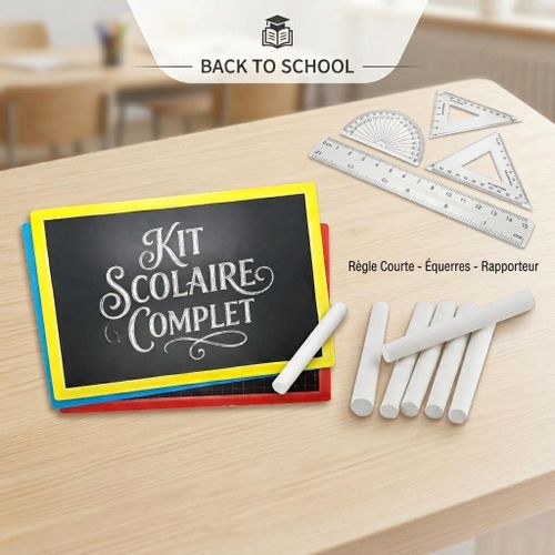 Mini kit scolaire composé d’une ardoise, d’un ensemble géométrique et un petit paquet de craie