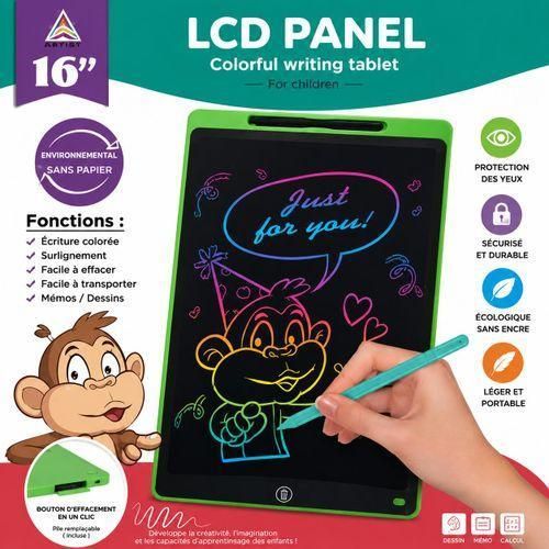 Tablette LCD 16 Pouces Grand Ecran pour Dessin et Écriture – Écran Coloré Réutilisable pour Enfants