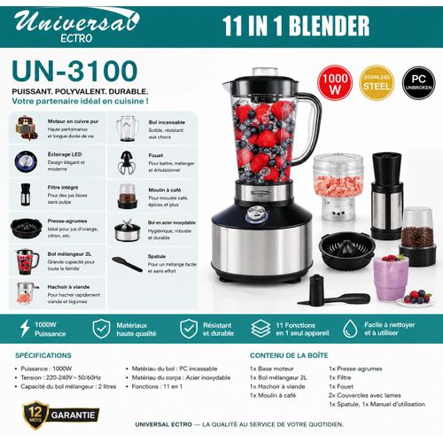 Mixeur Blender Universal 11 en 1 – 1000W – Bol Incassable – Acier Inoxydable