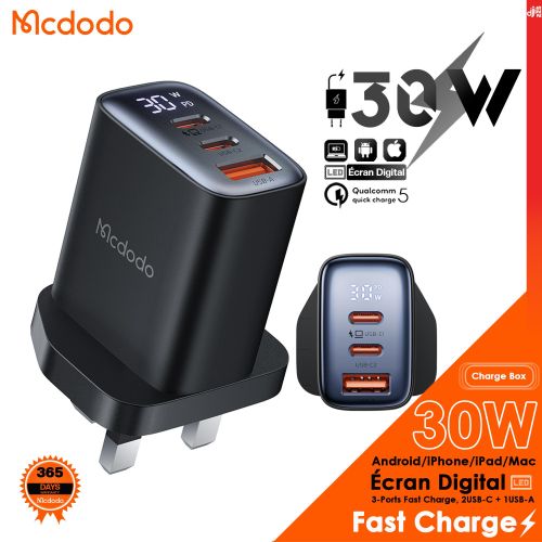 Boitier de Charge 3 en 1 (30W) Super Charge, 3- ports - 2 USB Type-C + 1 USB-A - Boitier à Écran Digital numérique Pour Ordinateur Portable, Tablette et Smartphone