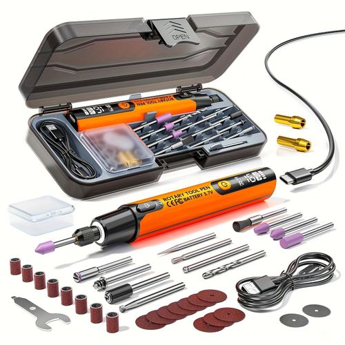 Kit d'outils rotatifs portables sans fil 40 en 1, 6 vitesses réglables, rechargeable par USB, avec éclairage LED et écran LCD, 3,7 V, 16000 tr/min.