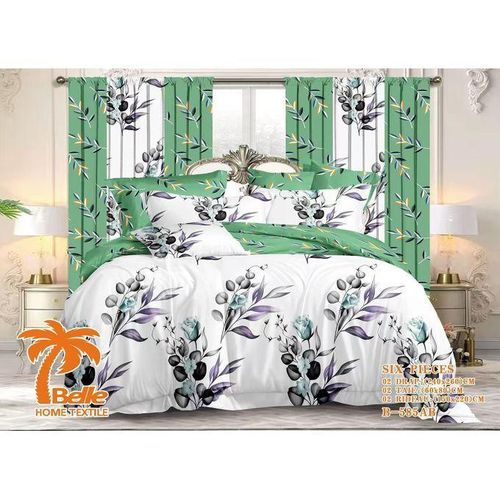 kit de lit 6 pièces B-585AB motif roses aquarelle violet gris sur fond blanc, 2 draps 240×260cm + 2 taies 60×80cm + 2 rideaux 150×220cm, microfibre déco chambre florale fraîche HG