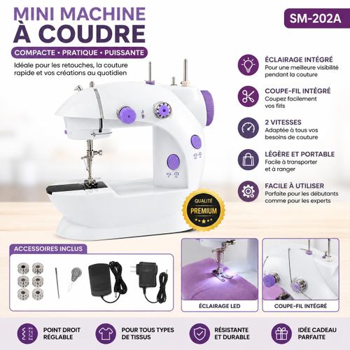 Mini Machine à Coudre Électrique Portable SM-202A – 2 Vitesses – Éclairage LED – Pédale Incluse – Blanc/Violet