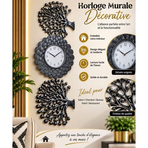 Horloge Murale Décorative en Métal – Design Arbre de Vie Noir – Élégante et Moderne
