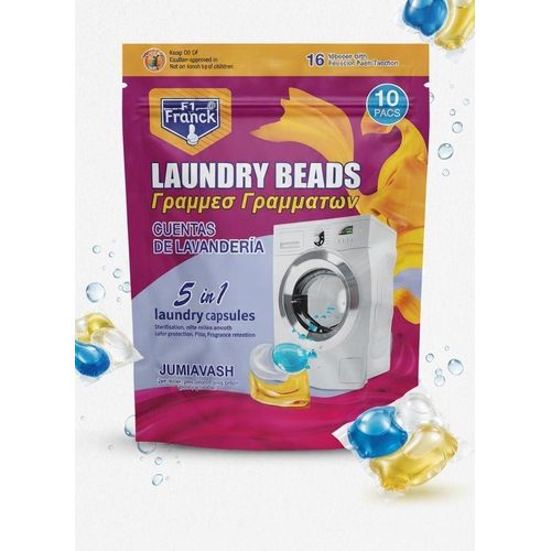 Capsules de lessive franck LAUNDRY BEADS 5 en 1 pour 8 lavages : stérilisent, éliminent les acariens, protègent les couleurs, réduisent les frottements et préservent le parfum.