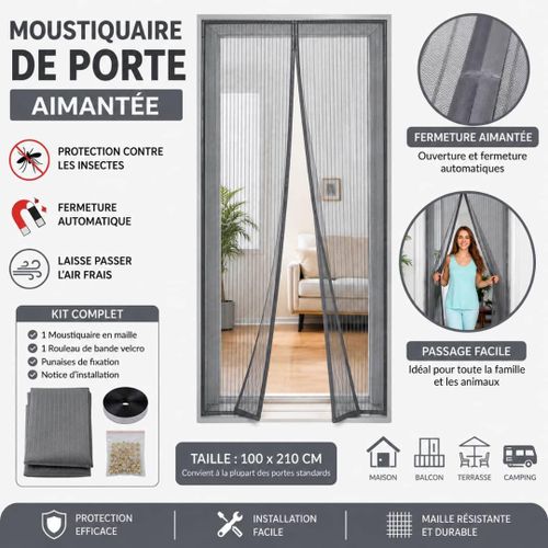 Rideau en Moustiquaire de Porte Magnétique Aimantée 100 × 210 cm – Fermeture Automatique – Anti-Insectes