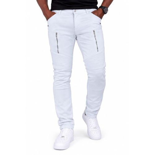 Pantalon Homme Blanc Style Biker – Coupe Slim avec Poches Zippées