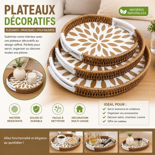 Ensemble de 3 Plateaux Décoratifs Ronds en Fibres Naturelles – Plateaux de Service et Décoration de Table