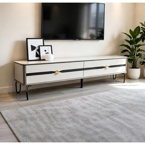 Meuble TV Moderne 155 cm – Blanc avec poignées dorées