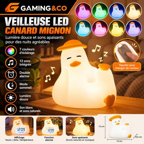 Veilleuse LED Tactile Canard en Silicone - Machine Bruits Blancs 8 Sons Apaisants - Lampe de Chevet Multicolore RVB