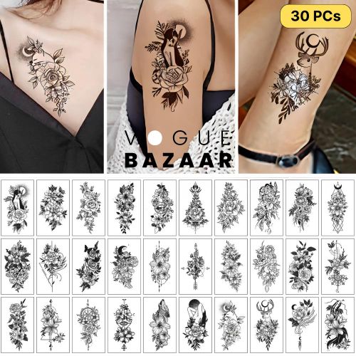 Pack de 30 Tatouages Temporaires Croquis Fleuris Tatouages Élégants Noir et Blanc : Roses, Papillons, Marguerites (97x57mm) pour Femmes Idéal pour Couvrir les Cicatrices – Art Corporel Boho Chic