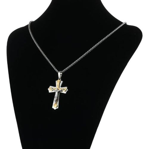 Longue chaîne Homme 60cm Argenté, bijoux religieux croix de jesus incrusté de jesus en Acier Inoxydable Pendentif croix de jesus, crucifix idéal cadeau de saint valentin, anniversaire, mariage, baptêmes