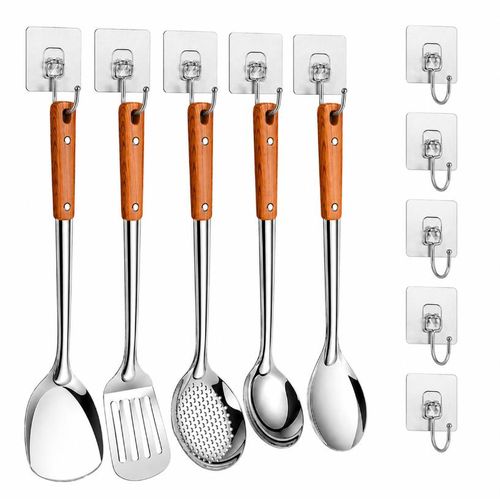 Ensemble de 5 ustensiles de cuisine en acier inoxydableavec crochets adhésifs : spatules, louches, spatules à frire et cuillères à égoutter