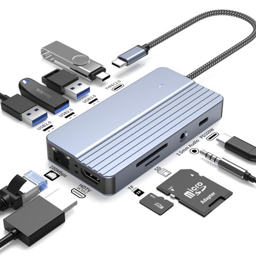 Hub USB-C/Type-C 10-en-1 avec alimentation 100W, HDMI 4K 30Hz, ports USB 3.0/2.0, lecteur de carte SD/TF, Ethernet 100Mbps et prise audio
