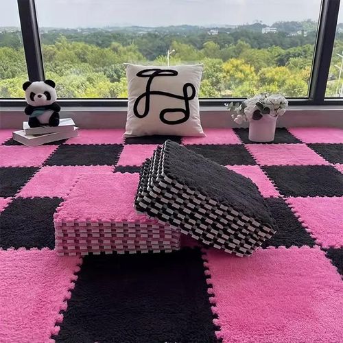 Lot de 10 pièces de tapis emboîtables moelleux, tapis de jeu, tapis de sol en mousse pelucheuse avec bordures, tapis puzzle en dalles emboîtables, protège-sols. - Rose + Noir