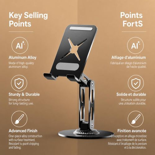 Support Téléphone Pliable en Alliage d'Aluminium Rotatif à 360°, Convient pour Téléphone et Tablette