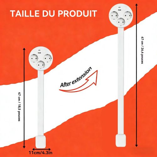Multiprise Extensible avec Ports USB – Rallonge Électrique pour Canapé et Table de Chevet, Prise Multiple Type E 2500W