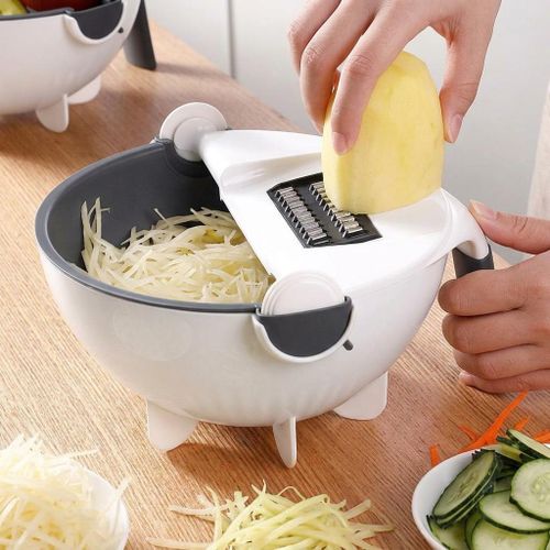Coupe-Légumes, Rappeuse Multifonction Rotatif avec Égouttoir (9-en-1).