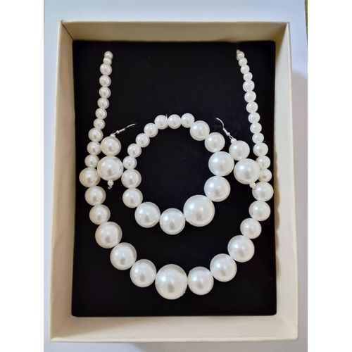 Ensemble de bijoux fait main pour femme - Collier, bracelet et boucles d’oreilles blanc nacré avec coffret - African Muse