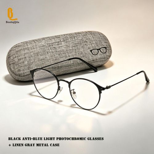 Lunettes de soleil photochromiques - monture en métal noir + étui – Lunettes anti-lumière bleue – Noires