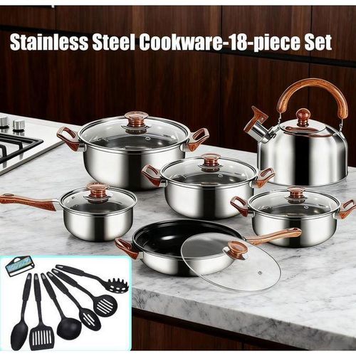Ensemble de 18 ustensiles de cuisine en acier inoxydable comprenant une casserole à lait, une marmite à soupe, une poêle antiadhésive à fond plat, des couvercles et une spatule.