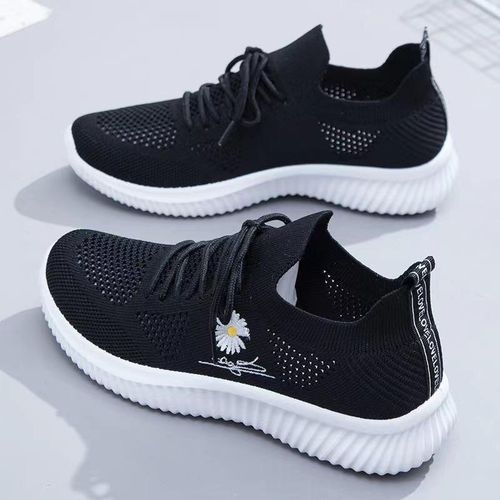 Baskets de sport féminines légères et respirantes – Chaussures de ville polyvalentes (Noir avec détail de marguerite)