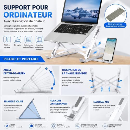 Support Pour Ordinateur Portable Et Téléphone Pliable En ABS – Blanc