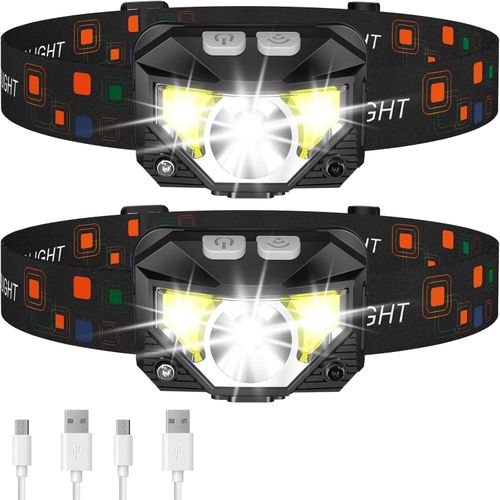 Lampe de poche lampe de poche, Lumen ultra-légère LED lumineuse phare Rechargeable avec lumière rouge blanche, 2-Pack lampe de tête capteur de mouvement imperméable à l’eau,8 Modes pour le Camping en plein air courir randonnée pêche