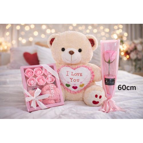 Pack Saint-Valentin Ourson + Fleurs – 60 cm