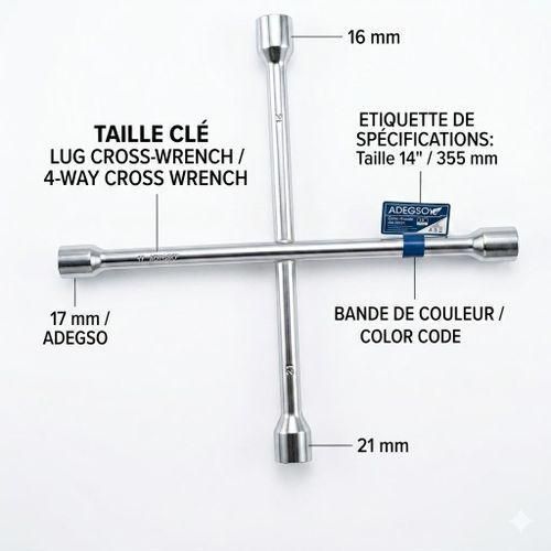 Clé en Croix Professionnelle ADEGSO 14 - 4 Tailles Universelles (16, 17, 19, 21 mm) - Acier Haute Résistance - L'Outil Indispensable pour Changement de Roue Rapide