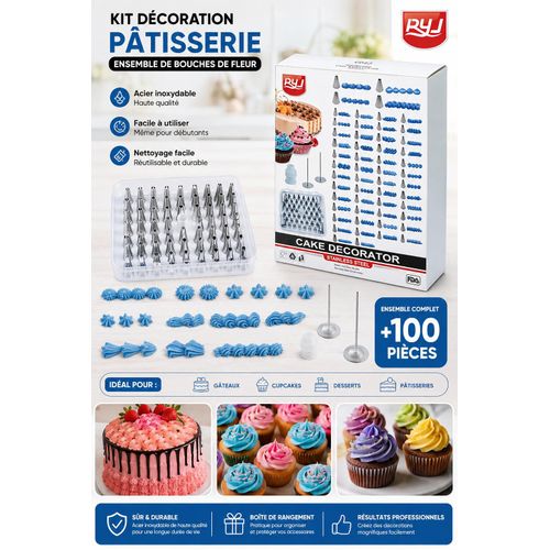 Kit de décoration pâtisserie +100 pièces – Ensemble de douilles à pâtisserie en acier inoxydable avec accessoires