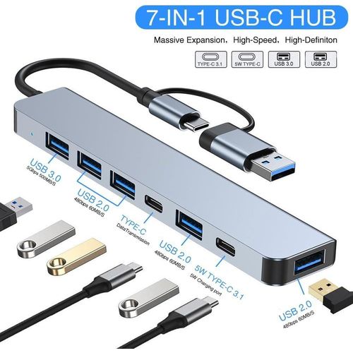 Adaptateur Hub Type C Multiport 7 en 1 avec 1 Hub de Charge USB 3.0/100W PD et 4 USB 2.0 Compatible avec MacBook Air/Pro, iPad Pro, Windows
