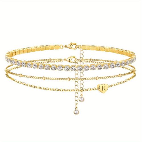 2pcs Bracelet chaîne de cheville, lettre simple Une perle en forme de cœur chaîne de cheville à trois couches, chaîne de cheville empilée en couches, cadeau parfait pour les amis