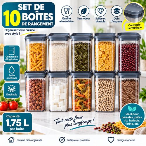 Set de 10 Boîtes de Rangement Alimentaire Hermétiques – 1,75 L – Empilables et Transparentes