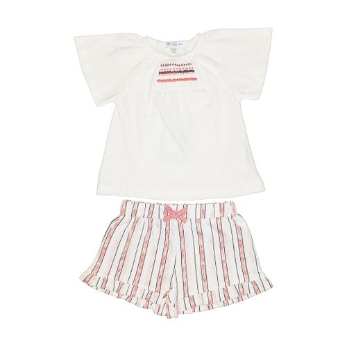Ensemble Fille Été T-shirt Blanc Brodé et Short Rayé à Volants - 9 Mois